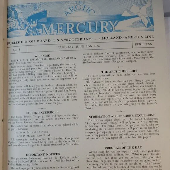 1938 T.S.S. Rotterdam North Cape Russia Cuise Itenerary Ship's Program Journal